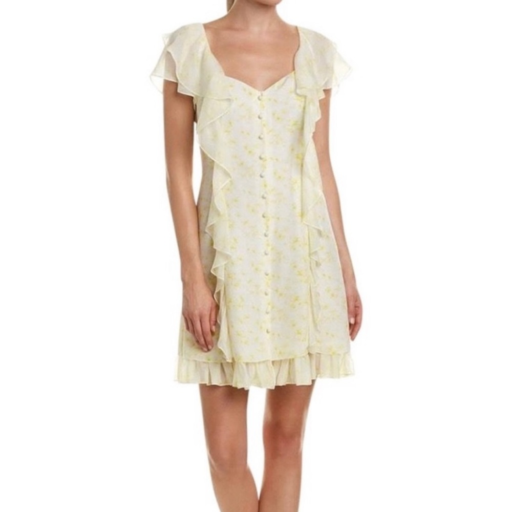 Cinq a Sept Silk Floral Button Down Ruffled Mini Dress Yellow & White Size 6